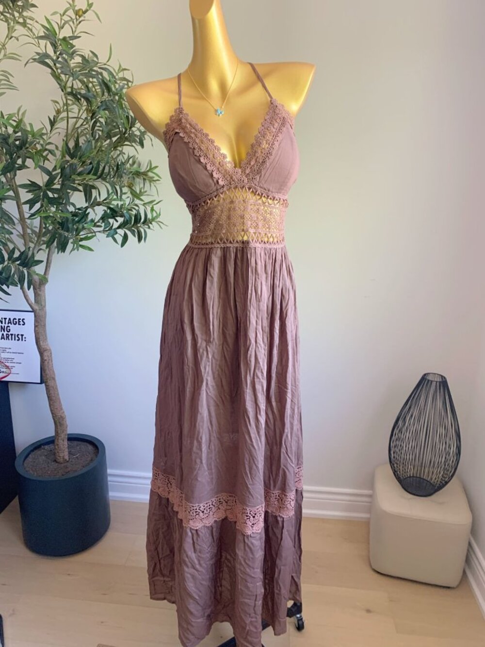 Brown Lace Crochet Cross Back Maxi Dress Boho Size M NWT - Picture 2 of 8